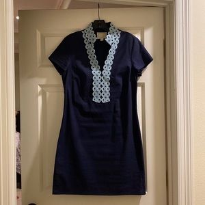Women’s Navy Linen Dress with embroidered circles around collar STS Brand